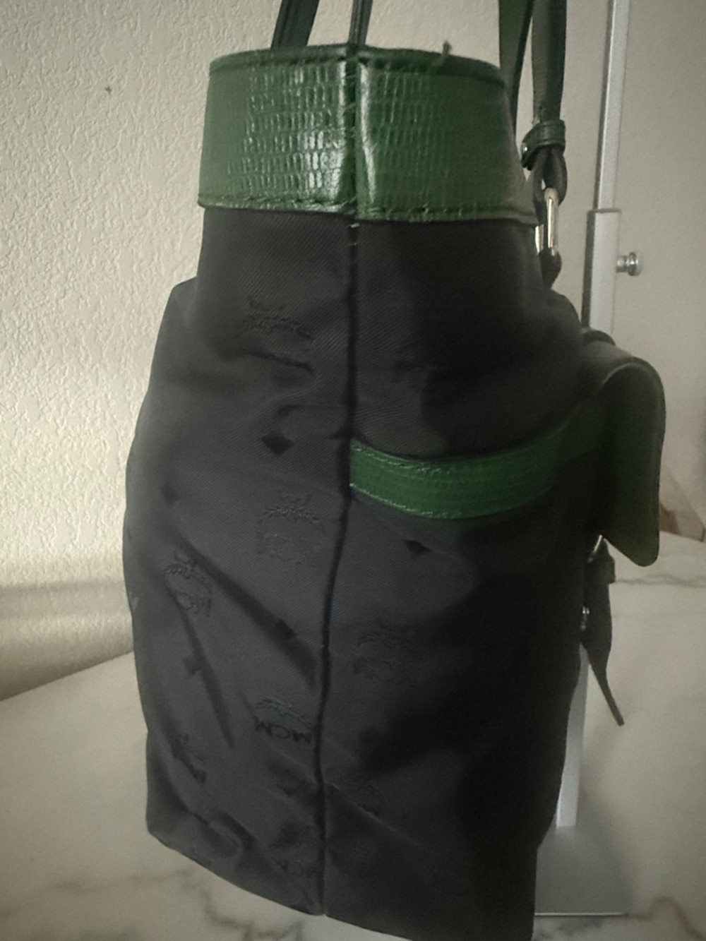 Authentic MCM Black Nylon Tote Green Lizard Embossed Leather Trim-Vintage w/COA - Picture 5 of 16